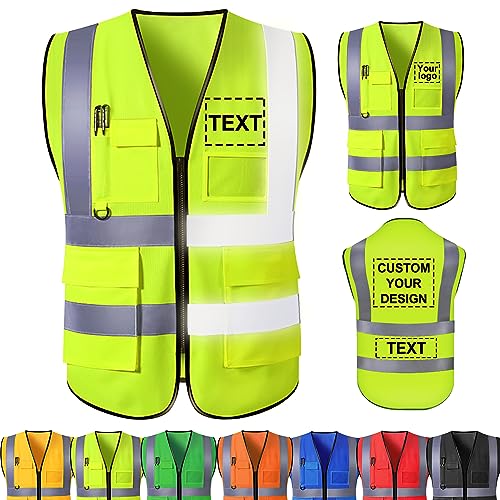 Custom Safety Vest Personalized Reflective Vest with Logo Pockets Customized High Visibility Vest, Men Women Construction Worker Outdoor Protective Workwear