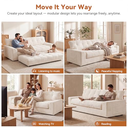 Image of MONVANE 75.6 inch Convertible 3‑in‑1 Chenille Boneless 3 Seater Sofa, Beige