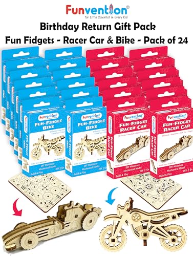 Image of Funvention Birthday Return Gifts (Pack of 24) Fun Fidgets - Racer Car & Bike | DIY Miniature Mechanical Models 3D Puzzle Return Favours for Kids Birthday Party 5+ Years Made in India Toys, Gold