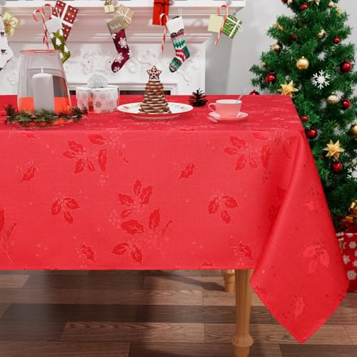 smiry Mantel de Navidad, 140 x 300 cm, rectangular, de poliéster, con hojas santas, lavable, para comedor, fiestas, festivales, color rojo