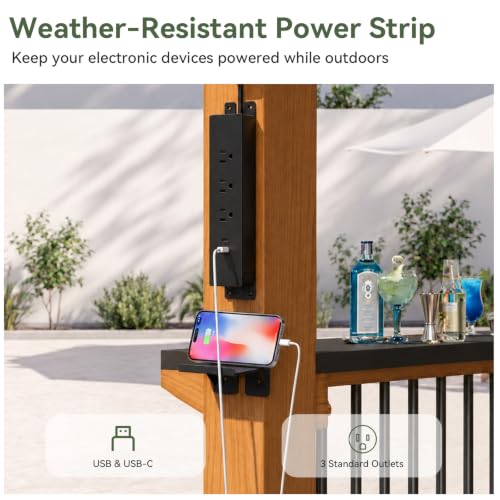 Image of Aoxun 8' x 5' Cedar Wood Grill Gazebo with Weather-Resistant Power Strip | Hardtop BBQ Gazebo, Permanent Wooden Pavilion with Sloped Galvanized Steel Roof and Bar Tops for Backyard, Patio