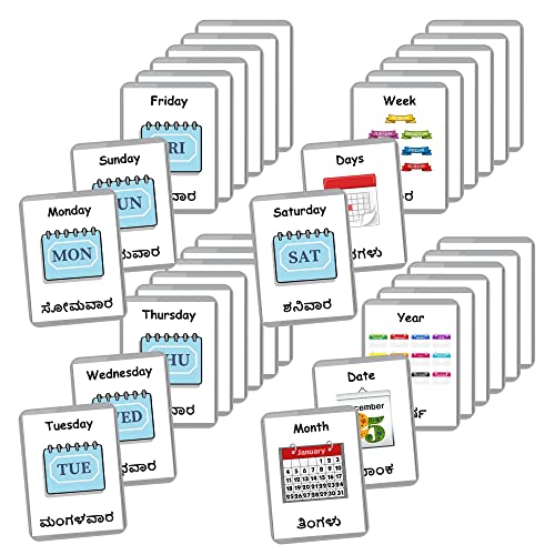 Image of Kannada English Bilingual Flash Cards | Montessori Cards | Laminated Flash Cards | Early Education (Days of The Week - 12 Cards)