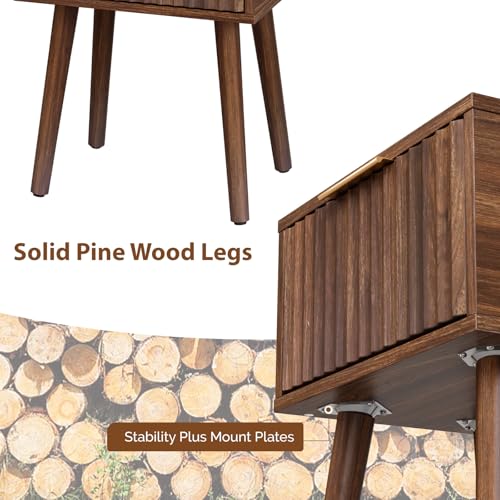 Image of VINGLI Night Stand Set 2, Fluted Nightstands with Drawer, Mid Century Modern Nightstands Set of 2, Bedside Table, End Table, Wood Nightstand for Bedroom, Walnut, 15.75 inch W*11.81 inch D*21.85 inch H