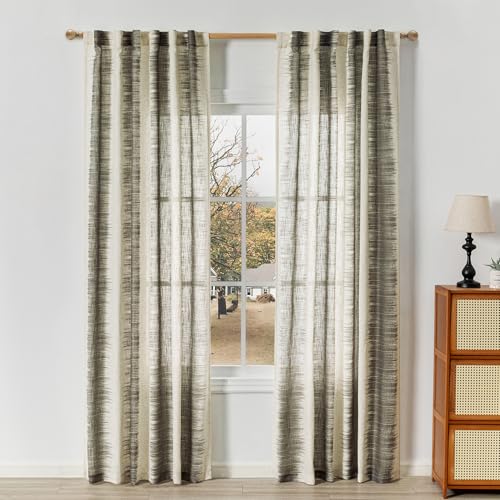 Image of MYSKY HOME Curtains for Bedroom Windows 84 Inch, Farmhouse Drapes Lines Printed Linen Sheer Curtains Light Filtering Privacy Protect Modern Style Room Divider Curtains, 50 inchx84 inch, Khaki, 2 PCs