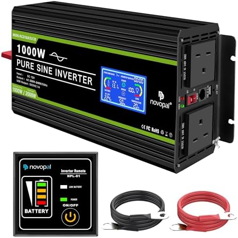 NOVOPAL 1000W Pure Sine Wave Inverter 12V to 230V 240V Car Converter Power Inverter with LCD Display 2AC Outlets and Usb Port-Remote Control for Motorhomes,Truck,Boat,Camping,Household,Van