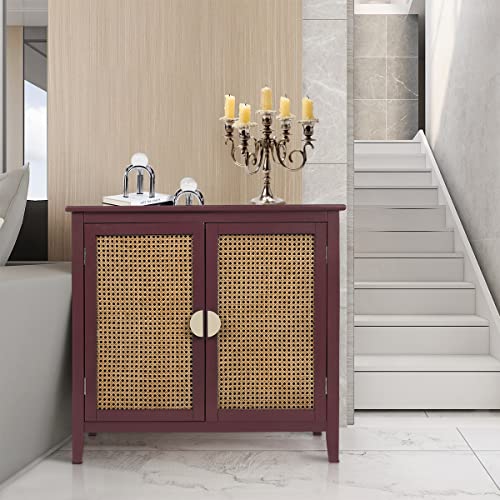 Peihonget Sideboard Cabinet, Rattan Accent Storage Cabinet With 2 Rattan Doors Kitchen Buffet Storage Organizers With Adjustable Shelves Cupboard For Dining Room, Living Room, Entryway, Hallway (Red) #TOP2