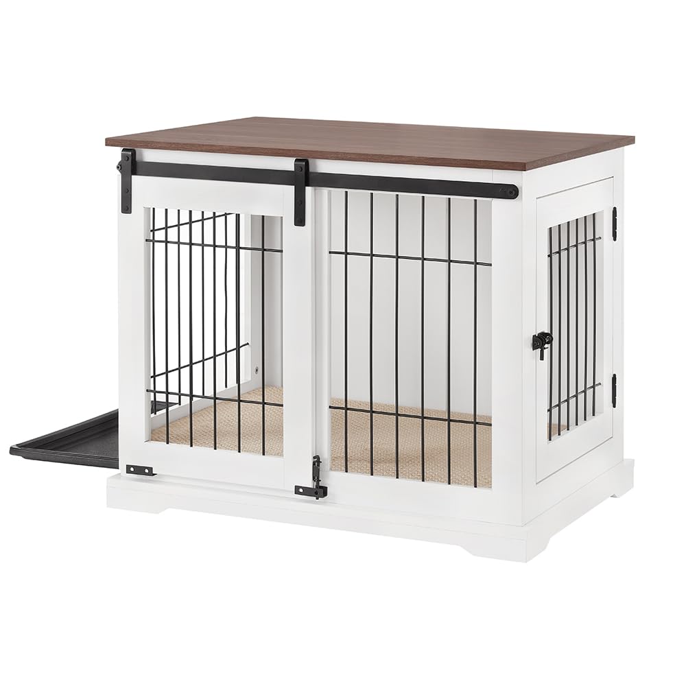 Dog Crate Furniture with Sliding Barn Door, Stylish Double Doors Wooden Kennel with Tray and Cushion, Decorative Indoor Pet House Side End Table