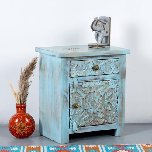 Image of Wooden Bedside Table for Bedroom with Drawers | Solid Wood Handcrafted Bed Side Table with Drawers | Side Table for Living Room | Traditional Rajasthani Art (Blue Distress)