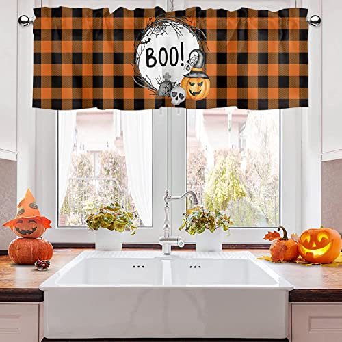 Valance Curtain for Kitchen,Happy Halloween BOO Bats Pumpkin Skull Graves Black Orange Buffalo Plaid Valances for Living Room Scroll,Rod Pocket Valances for Bedroom,Window Valance 1 Panel 18