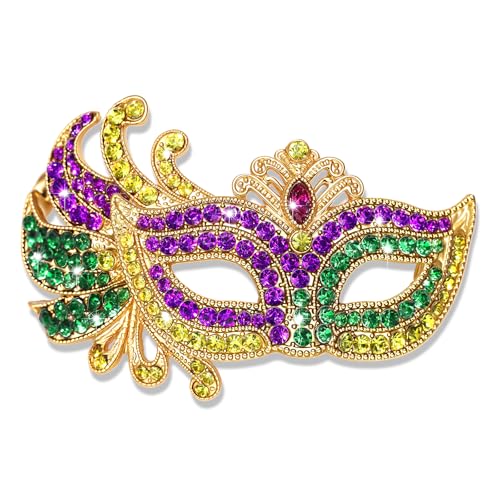 Image of Mardi Gras Brooches Pin for Women Girls Rhinestone Mask Fleur De Lis Brooch Glitter Jester Pins Fat Tuesday Carnial Parade Holiday Brooches Jewelry