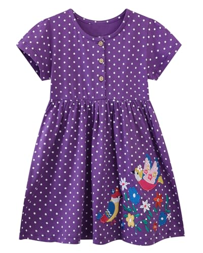 Image of Girls Cotton Long Sleeve Casual Cartoon Appliques Striped Jersey Dresses