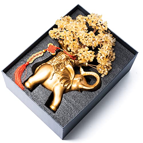Citrine Crystal Money Tree On Gold Elephant Statue, 17”Large Crystal Elephant Lucky Figurines Home Décor Gifts For Wealth Positive Energy, Tree Of Life Feng Shui Sculpture, Desk Décor By Gemboury #TOP3
