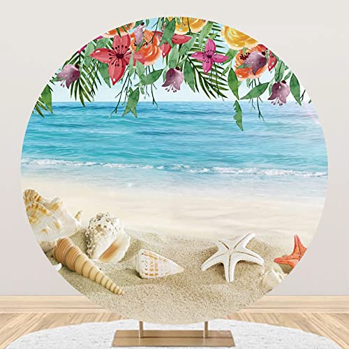 Yeele 7x7ft Beach Round Backdrop Summer Hawaiian Starfish Sea Shell Tropical Flowers Photography Background Aloha Baby Shower Birthday Party Banner Decoration Wedding Photo Shoot Booth Props - image 1