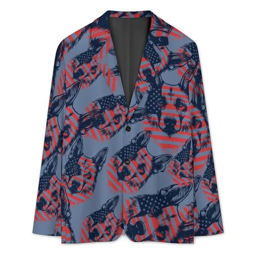 German Shepherd Dog U.S. Flag Men's Slim Suit Long-Sleeve Prom Tuxedo Classic Two Button Business Jacket3