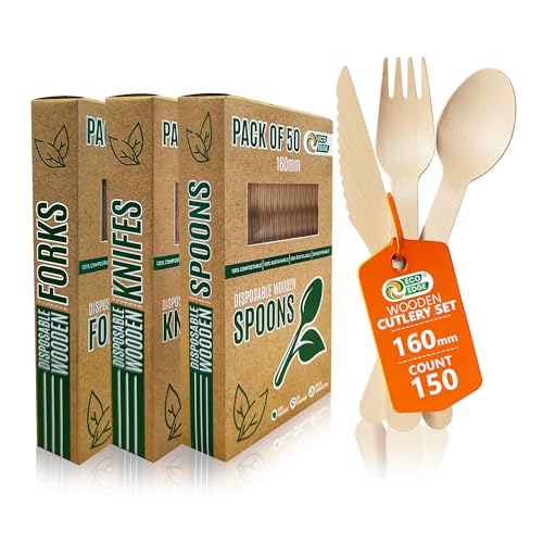 EcoEdge Disposable Wooden Heavy Duty Cutlery Set Spoon Fork and Knife (150 Pack) 160 MM | Natural Compostable Plant Based | Perfect for Kids Birthday Party Weddings and Events | 100% Eco Friendly