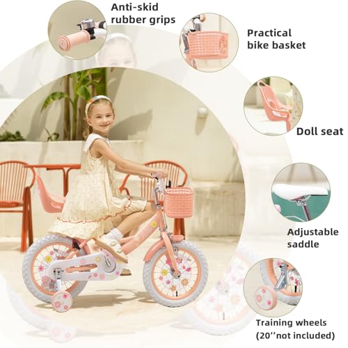 Image of Girls Bike with Basket for Toddlers and Kids Aged 3-14 Years Old, 12 14 16 18 Inch with Training Wheels & Doll Seat, 20 Inch with Kickstand & Rear Rack, Princess Style Bicycle for Gift.