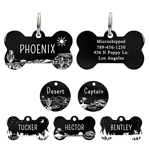 UltraJoys Stainless Steel Dog Name Tags, Personalized Front and Back Engraving, Bone Tag with Desert Cactus Design, Large
