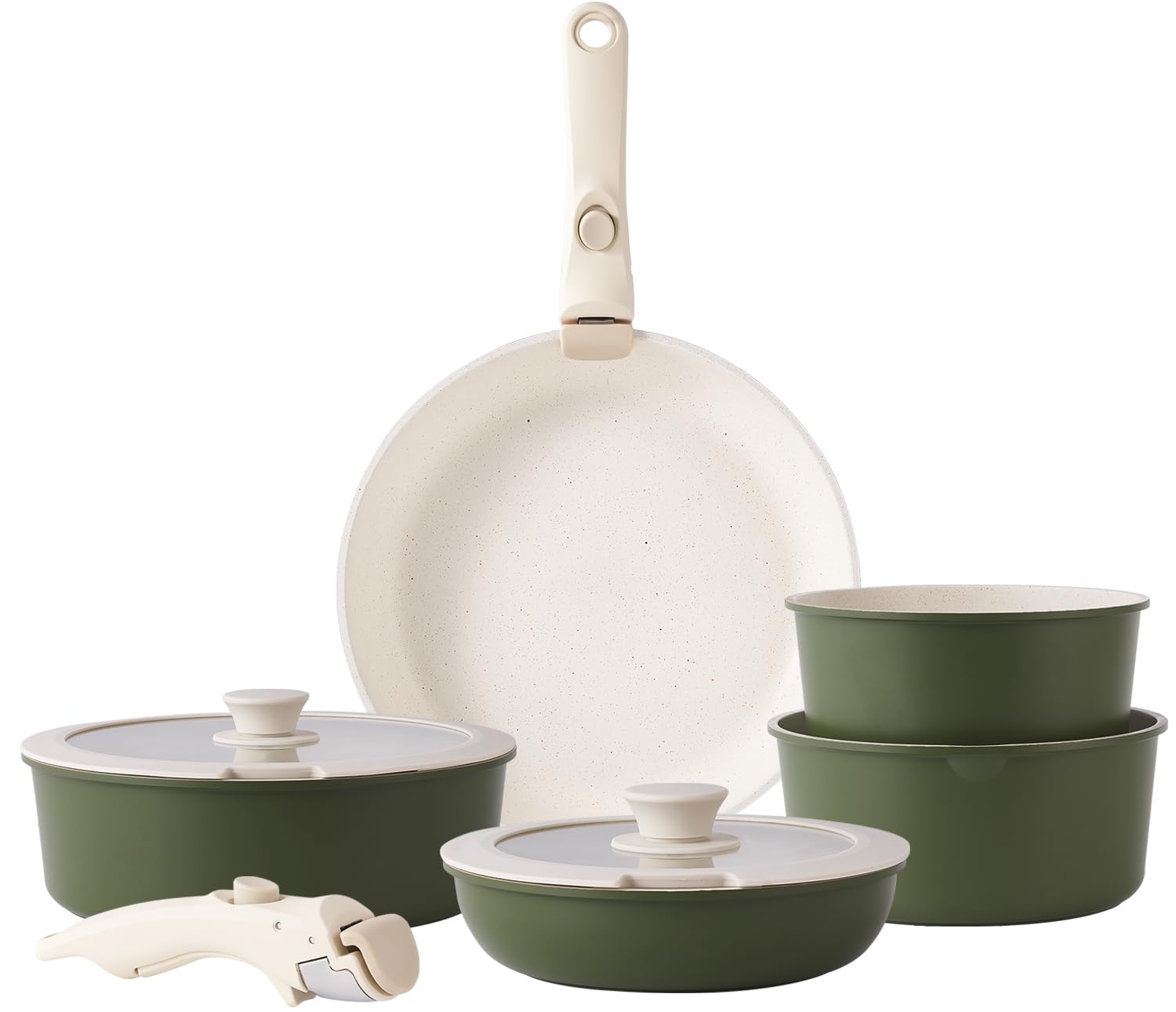 RIOVARM Induzione Set di pentole e padelle con manici staccabili, Impilabile Antiaderente In granito Set di pentole con coperchi, Salvaspazio Set di utensili da cucina Senza PFOA, Padella, Casseruole