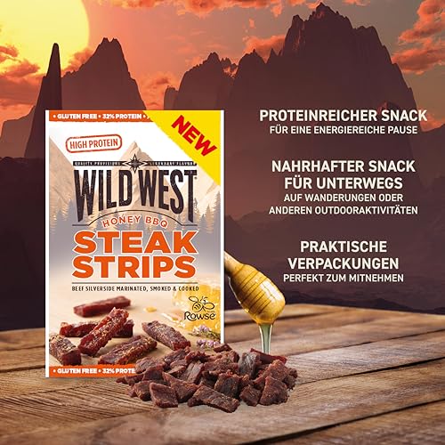 Wild West Steak Strips, 25g Honey BBQ Rindfleisch, Beef Jerky high Protein Trockenfleisch, Protein Snack