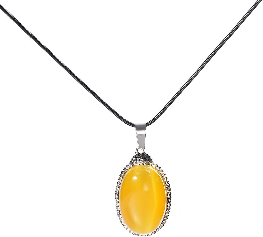 Art KimCat's Eye Oval Oblong Moonstone Pave CZ Rhinetone Edge Gemstone Pendant Necklaces