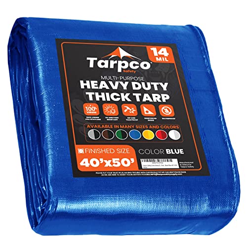 Image of Extra Heavy Duty 14 Mil Tarp Cover, Waterproof, UV Resistant, Rip and Tear Proof, Poly Tarpaulin with Reinforced Edges for Roof, Camping, Patio, Pool, Boat (Blue 40′ X 50′)