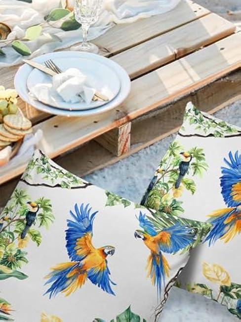 Waterproof Pillow Covers Pack of 2, Parrot Toucan Tropical Plant Outdoor Pillow Protectors with Zipper Pillowcases for Patio Tent Garden Beach, Green Banana Leaf Animals Square, 18X18