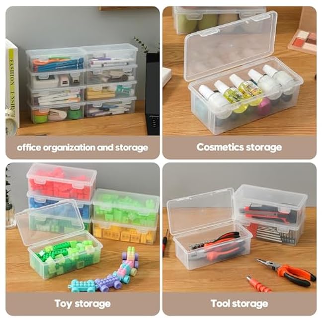 Clear Plastic Pencil Case Pouch Box 8 Pack, Stackable Storage Organizer with Snap Lid for Pens, Markers, Beads, Jewelry, Stickers, Art Supplies, School Office Hobby Use, Rectangular Large
