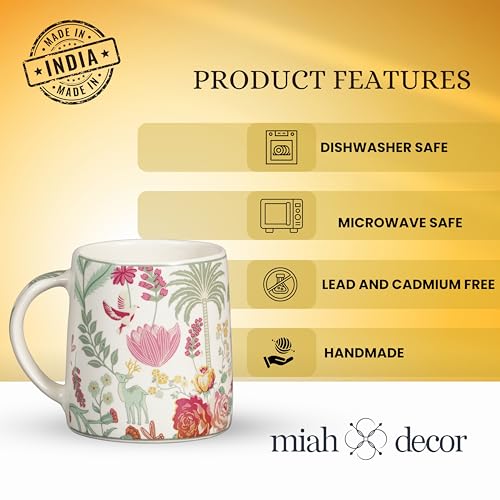 Image of Miah VintageBloom Ceramic Cup Set - Set of 4 | 10.16 cm x 6.85 cm x 8.89 cm | Handcrafted Coffee & Tea Mugs | Microwave & Dishwasher Safe | Timeless Classic Floral Design
