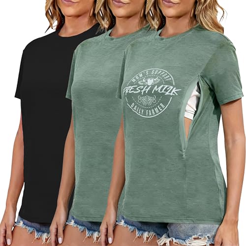 Image of Ecavus Women's 3-Pack Nursing Shirts for Breastfeeding with Hidden Zippers Loose Fit Maternity Tops