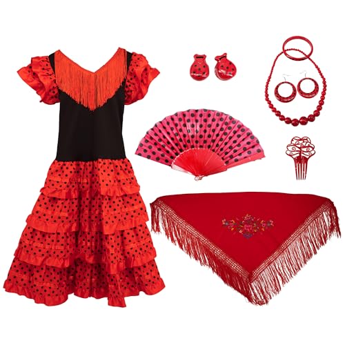 Gojoy shop - Disfraz de sevillana flamenco para niña, contiene: vestido, mantón y accesorios. (3 colores y 5 tallas diferentes.) (ROJO, 6)