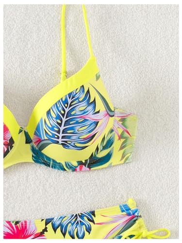 GORGLITTER Women's Tropical 2 Piece Swimsuit Underwire Push Up Tie Side Bottom Bikini Set Swimwear Yellow Large - Image 5