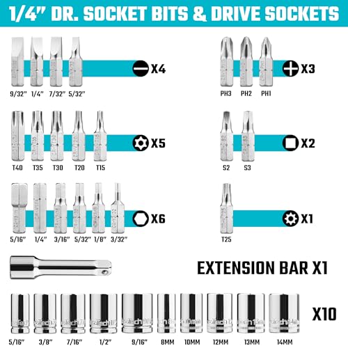 Image of DURATECH 33-Piece 1 /4 inch Drive Socket and Ratchet Set | 2 in 1 Flex Head Ratchet with Magnetic Bit Driver, CR-V Steel Sockets & Bits, Storage Case