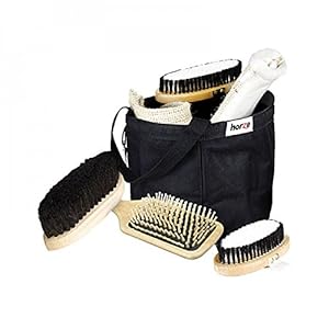 HORZE 7-Piece Set Wooden Horse Grooming Kit with Nylon Grooming Tote Bag – Black – One Size
