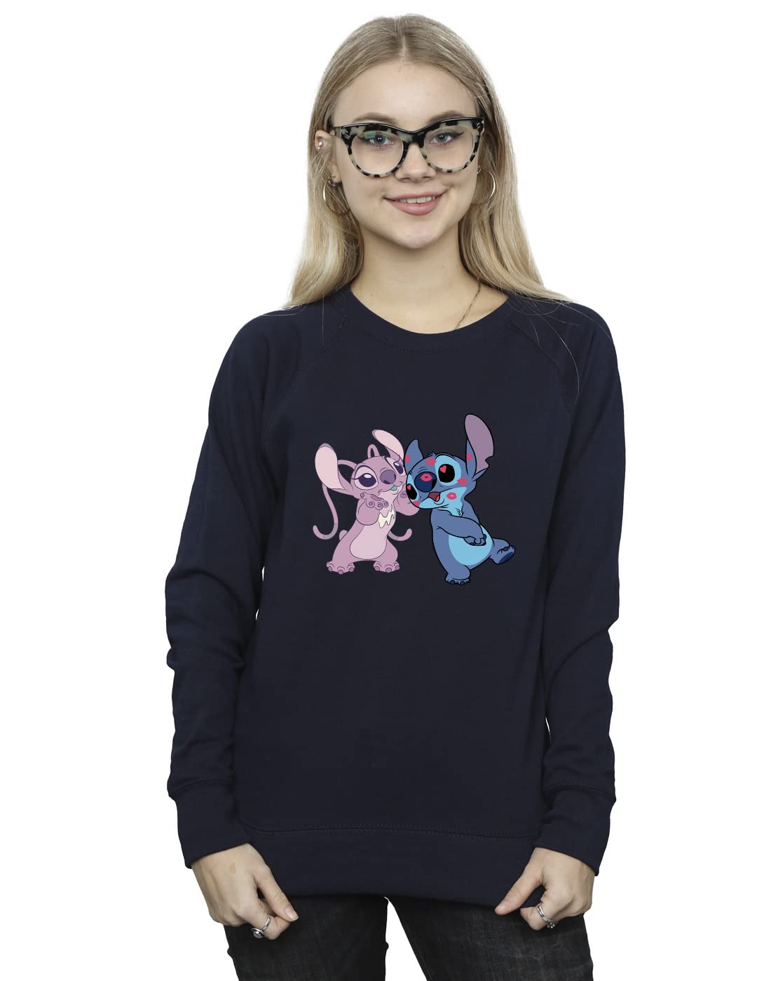 Disney Women's Lilo & Stitch Kisses Sweatshirt Navy Blue Large