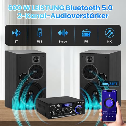 HiFi-Verstärker AK45 Mini Bluetooth Stereo-Audioverstärker Receiver 12V/ 220V 600W 2 Kanäle...