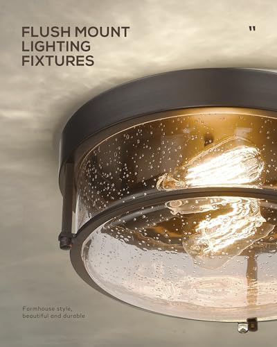 Femila Flush Mount Lighting Fixture, 12Inch 2-Light Metal Ceiling Light Fixtures, Oil Rubbed Bronze Finish With Seeded Glass thumb #1