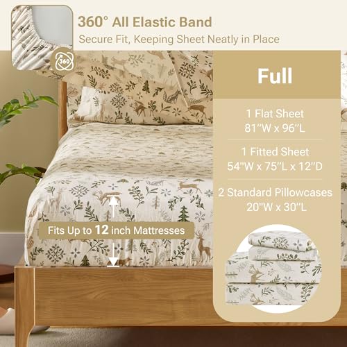 Image of Sleep Philosophy True North 100% Cotton Flannel Sheets Full Size, Cozy Flannel Sheet Set Brushed for Extra Softness, Heavyweight Novelty Print Warm Flannel Bedding Set, Tan Woodland Winter 4 Piece