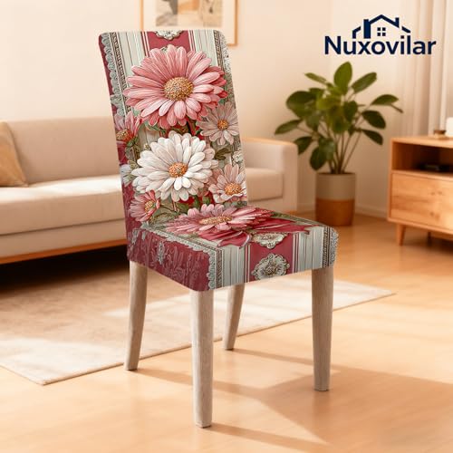 Image of Nuxovilar Pink Daisy Red Ribbon Milk Silk 23.6x66.9in 4PCS Covers | Stretch Slipcover Floral Protector Flower Wrap Seat Guard Dining Room Brunch Event Home Gathering (Pink Daisy)