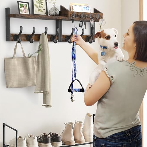 Image of Evermagin 29 inch Coat Rack Wall Mount with Shelf, 4 in 1 Coat and Key Hanger with 11 Metal Hooks, Entryway Wall Mounted Shelf with Mail Holder for Living Room, Bedroom, Rustic Brown