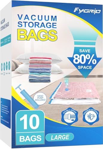 Image of Fygrip Vacuum Storage Bags with Hand Pump, Plastic Packaging Bags, 80% Space Saver Vacuum Seal Bags for Clothing, Travel Lugggage, Blankets, Comforters, 10 Large