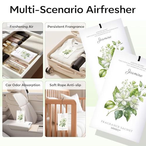 Image of MYARO 12 Pack Jasmine Scented Sachets for Drawer, Closet & Small Spaces Air Freshener Bags, Odor Eliminator for Car, Shoes, Bathroom Home Fragrance Gift Set