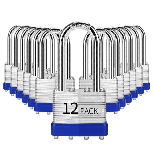 Image of Padlocks Keyed Alike, Pack of 12, Laminated Steel Keyed Lock (1-9 /16 inch, 40mm), Padlocks with Same Key, Long Shackle, for Toolbox, Locker & Storage Unit, and More