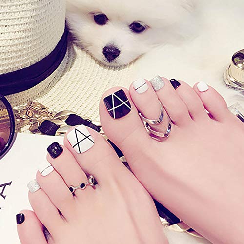 Kakaco 24Pcs Glossy Fake Toenails Glitter Sequins Full Cover Acrylic Fake Toe Nails Geometric Lines Art Tips For Women And Girls #TOP4