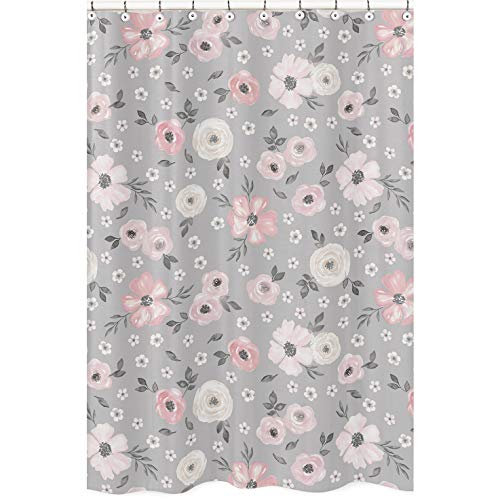 Sweet Jojo Designs Grey Watercolor Floral Bathroom Fabric Bath Shower Curtain - Blush Pink Gray and White Shabby Chic Rose Flower Farmhouse -  ShowerCurtain-WatercolorFloral-GREY