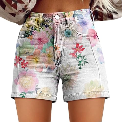 Womens Denim Shorts High Waisted Stretchy Casual Vintage Floral Print Summer Jean Trendy Shorts for Women with Pockets Clearance White Shorts