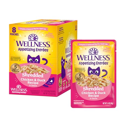 Wellness Appetizing Entrées Shredded Adult Wet Cat Food, Natural, Protein-Rich, Grain Free, 1.4 Ounce Pouch, 8 Pack (Chicken & Duck Recipe)