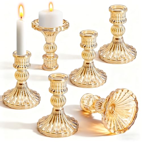 YBVABE Taper Candle Holder Set of 6, Glass Candlestick Holder, Gold Taper Candle Holder for Valentine's Day, Anniversary, Dining Room Table, Wedding Party Table