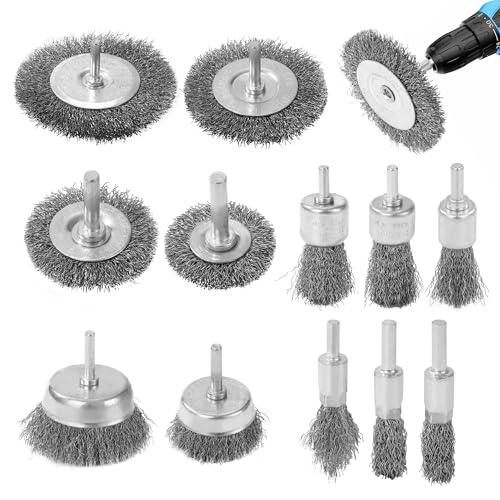 BUCOMTU 12 pièces de Brosse Métallique pour Perceuse, 6mm Brosse Métallique Perceuse avec Poignée ronde, pour enlever la rouille, la peinture, nettoyer les bavures et la saleté