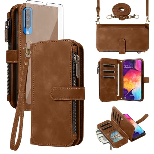 Asuwish Phone Case for Samsung Galaxy A50 A50S A30S Zipper Wallet Cell Cover with Tempered Glass Screen Protector Crossbody Strap Flip Credit Card Holder Slot A 50 50S 30S S50 50A SM A505G Women Brown