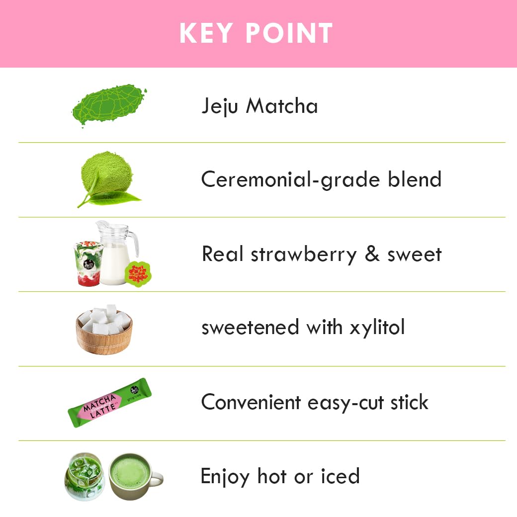 ROASTIQUE Official Café Mori Jeju Matcha Latte, 10 Sticks, 100 Calories, Ceremonial Grade Green Tea Powder Sweetened Café Quality Drink Mix, Strawberry, 7 oz